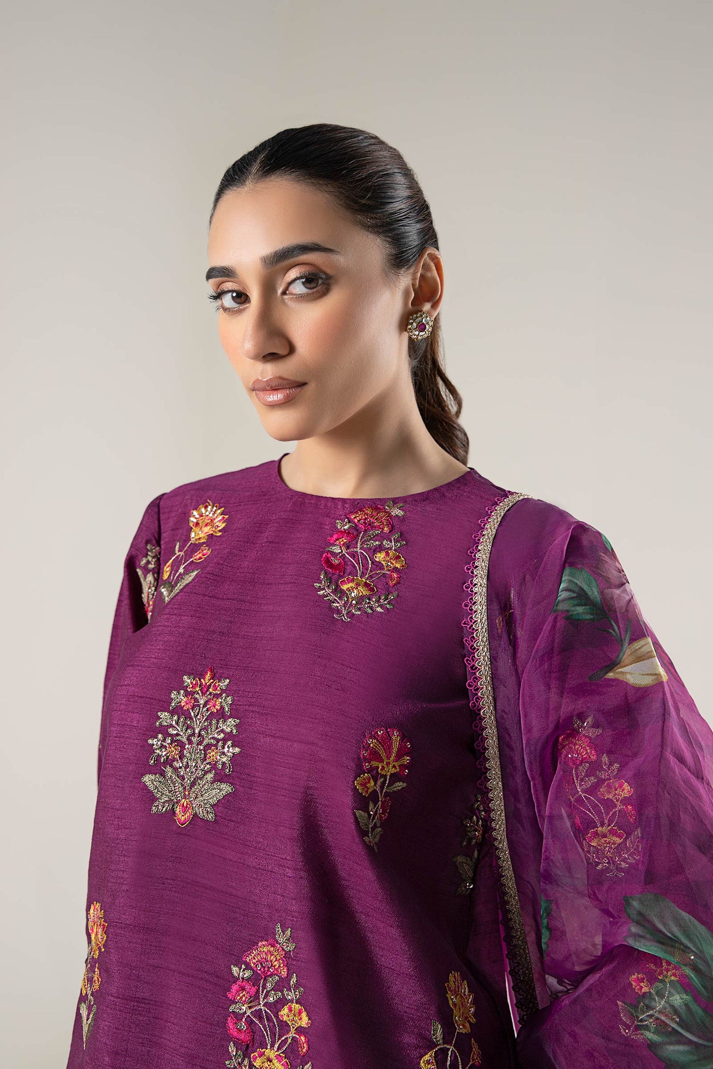 3 Pc Embroidered Raw Silk Suit | MB-WF24-47